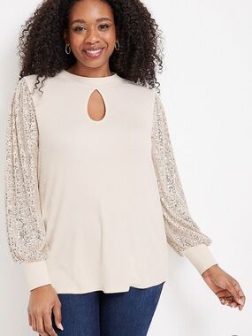 Maurices Cream Long-Sleeve Top with Sequin Sleeves